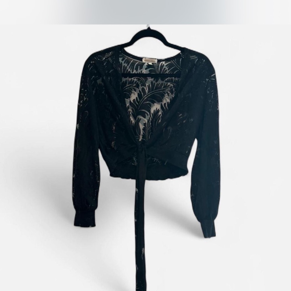 Amber Glow Black Lace Tie-Front Blouse